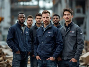 Een diverse groep bouwvakkers draagt duurzame Jobo Workwear-jassen met logo te midden van een bouwplaats; focus op de kleding.