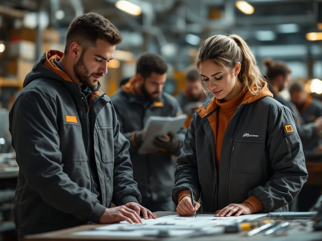 Professionals in een industriële omgeving dragen Jobo Workwear-jassen met logo, samenwerken in natuurlijke verlichting.