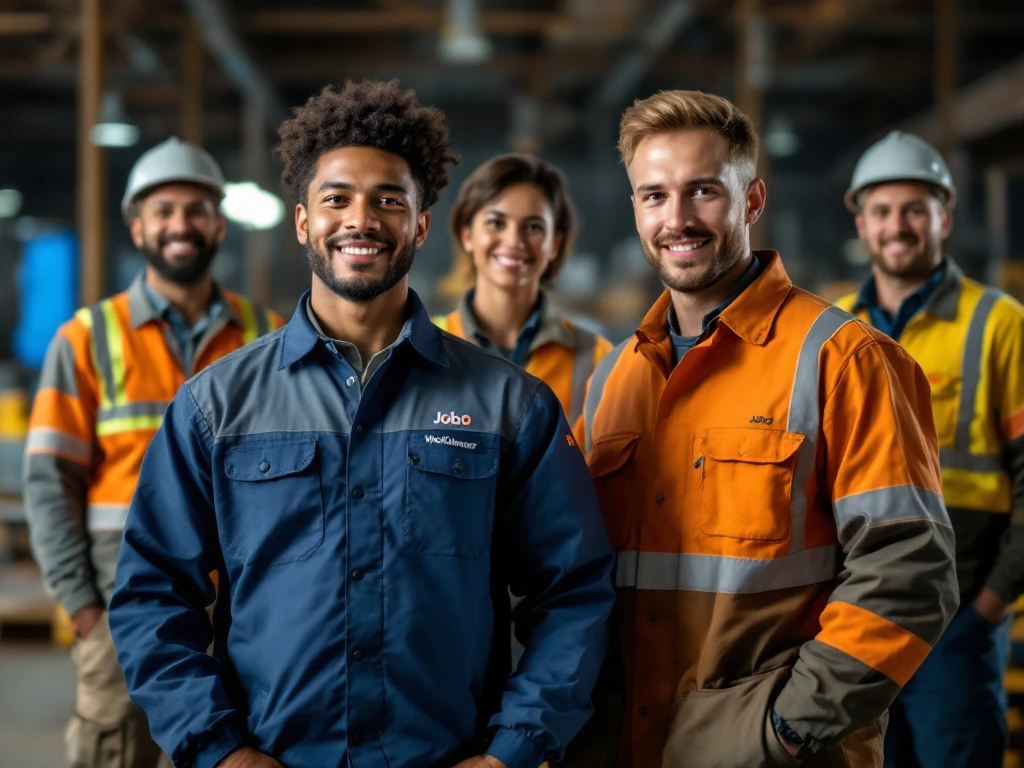 Groep diverse arbeiders in industriële setting draagt gepersonaliseerde werkkleding van Jobo Workwear, met logo's en duurzame materialen.